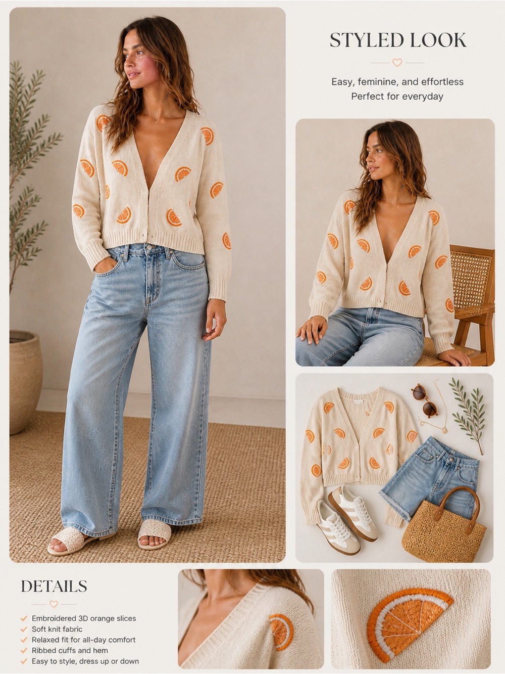 Moon & Madison Cream Knit Cardigan with Orange Slice Embroidery
